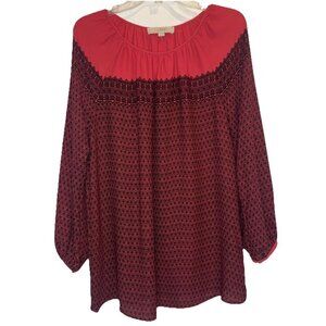 LOFT Women’s Red Black Patterned Long Sleeve Pullover Blouse Top Sz M NEW